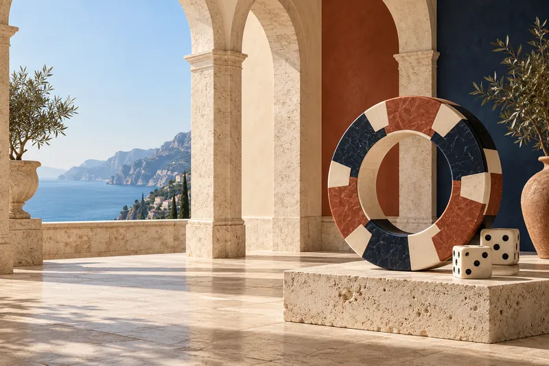 Arcate italiane in travertino e una scultura circolare nei toni terracotta e blu